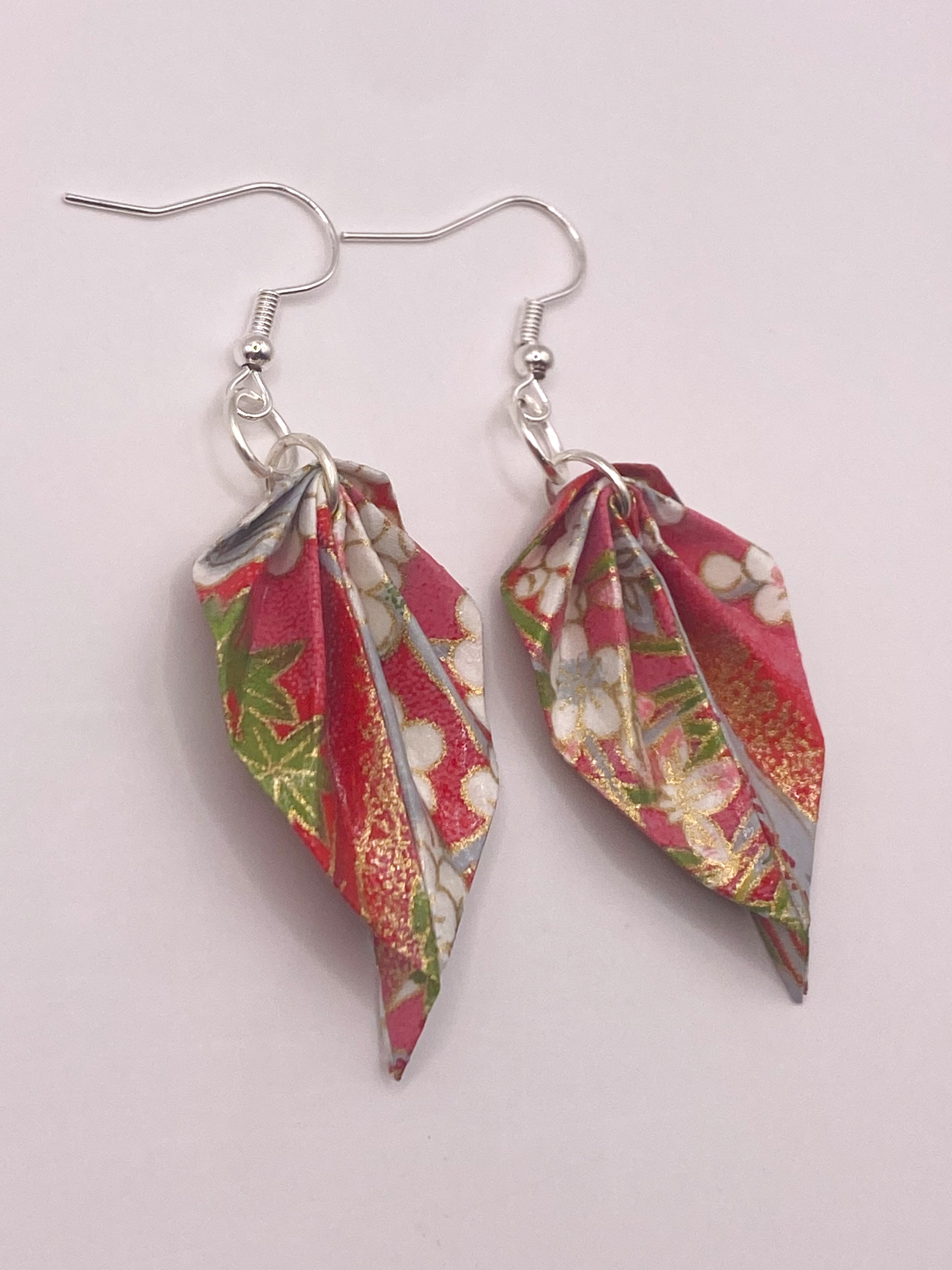 Origami Leaf Earrings - Cherry