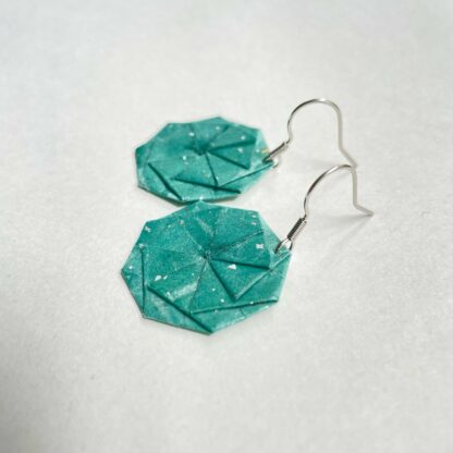 Teal Tato origami earrings, handmade with vintage Japanese paper.