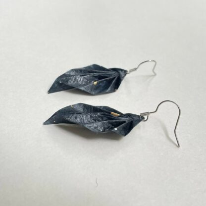 Dark blue leaf origami earrings, handmade with Japanese paper.