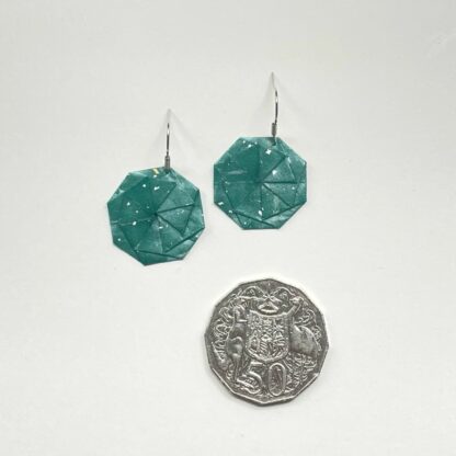 Teal Tato origami earrings, handmade with vintage Japanese paper.